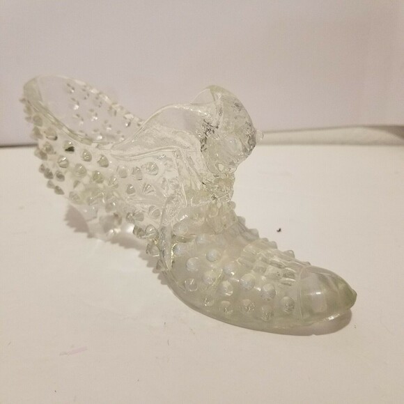 Fenton Clear Glass Hobnail Shoe Slipper with Cat head - Partial Opalescent - Picture 8 of 12